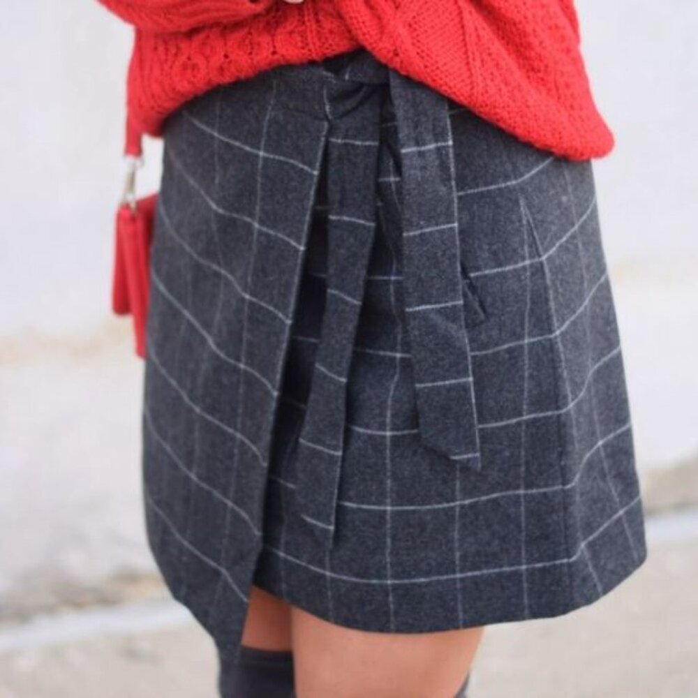 J.Crew Gray Windowpane Plaid Wrap Skirt With Pockets & Tie Sz 0